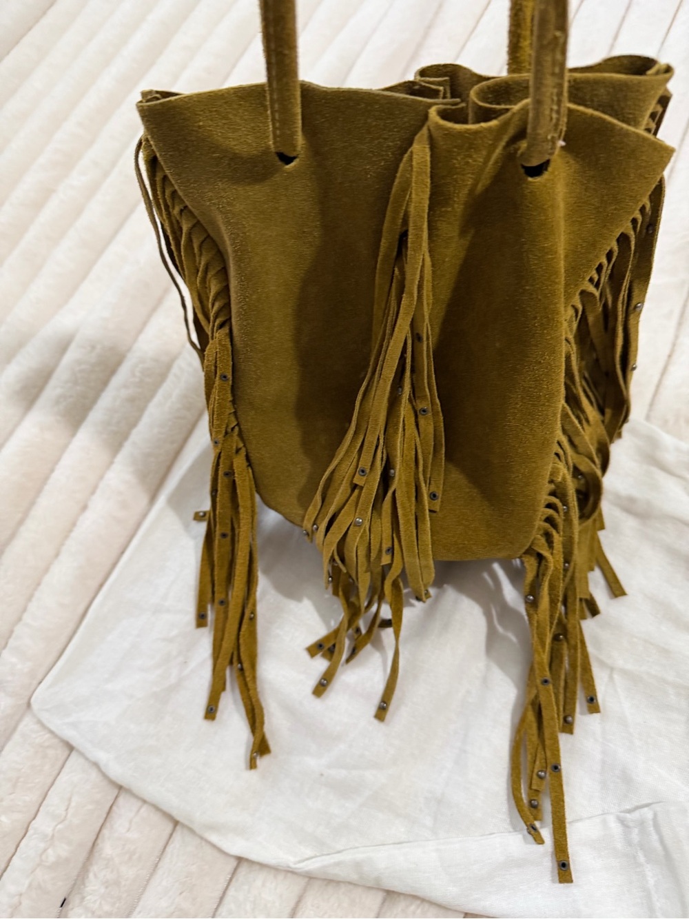 Olive Suede( genuine leather)Fringe Bucket Bag - Women - Picture 5 of 12